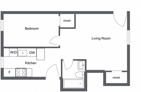 Floor plan for 1 bed, 1 bath, 430 sqft